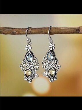 Sterling-Style Filigree Teardrop Earrings with Blue and Champagne Stones
